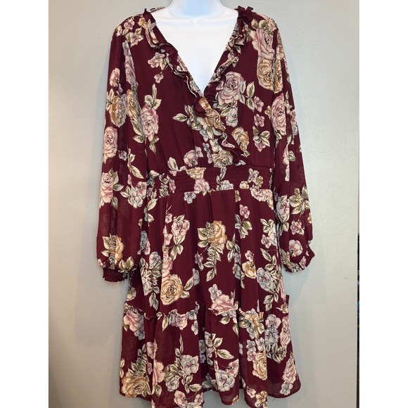 Maurices Dresses & Skirts - Maurices XXL Burgundy Floral Ruffle Faux Wrap Dress Long Sleeve Boho Midi